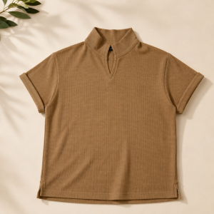 Tan Waffle Knit Mock Neck T-Shirt